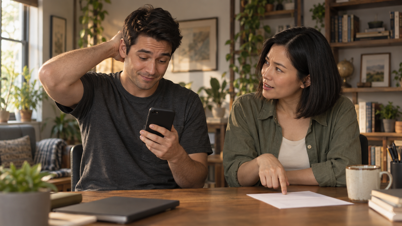 Fictional Noah and Leah discussing the missing explanation beside a phone